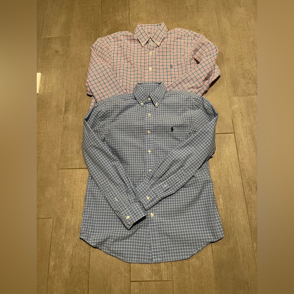 Two men’s Ralph Lauren plaid button down shirts.  100% cotton. Size medium.